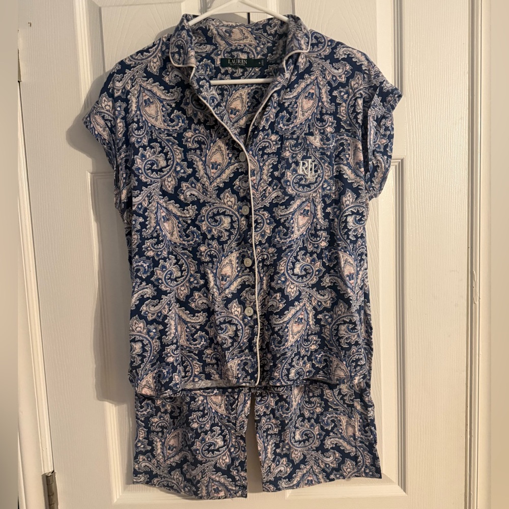 Lauren Ralph Lauren Paisley Pajama Set Blue Short‎ Sleeve Top & Pants Size Small